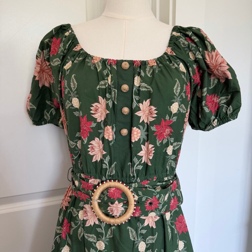 Farm Rio (M) Garden Green Floral Square Neck Puff Sleeve Maxi Dress Resort - Picture 3 of 10